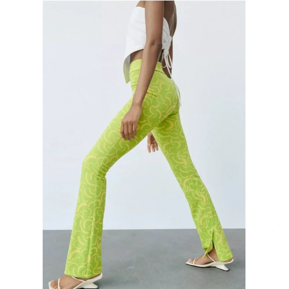 Zara NWT Lime Green & Yellow Knit Flare Jacquard Pant Size Small - Picture 2 of 9